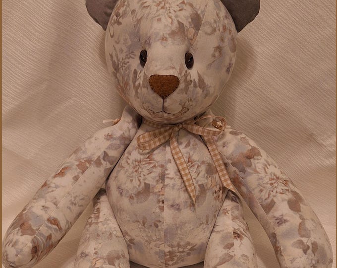 Featured listing image: Jointed Patchwork Teddy Bear - Light Blue-Gray & Brown Floral, Gray Accents