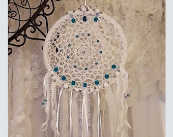 Vintage Tatted Doily Dream Catcher, White with Turquoise & Light Blue Beads, Streamers, Lace