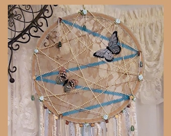 Vintage Scrap Lace Dream Catcher, Soft Brown with Blue Butterflies, Streamers, Lace