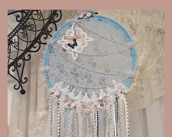 Vintage Scrap Lace Dream Catcher, Sky Blue with Pink Pearls, Streamers, Lace, Butterfly Accent