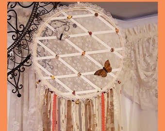 Vintage Scrap Lace Dream Catcher, Cream with Brown & White Butterflies, Brown Streamers, Coral Lace