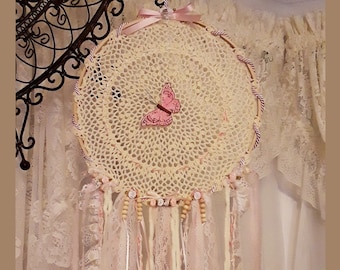 Vintage Crochet Lace Doily Dream Catcher, Cream with Pink & White, Streamers, Rosettes, Beads