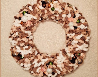 Mauve, Beige, Cocoa Brown Variegated Loop Yarn Winter Christmas Wreath - Pink Roses, Gold and White Ornaments