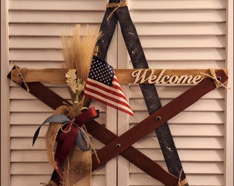 Wooden Country Rustic Paint Stick Star, Patriotic Theme, Floral and U.S. Flag Accents, Welcome Motif, Wall or Door Hanging
