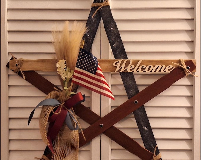Featured listing image: Wooden Country Rustic Paint Stick Star, Patriotic Theme, Floral and U.S. Flag Accents, Welcome Motif, Wall or Door Hanging