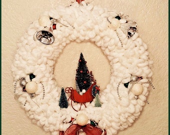Vintage Snowy White Loop Yarn Christmas Wreath - Red Sled Scene, Silver Bells, Glitter Ornaments