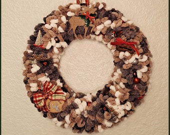 Rustic Theme Brown, Gray Loop Yarn Christmas Wreath - Woodland Ornaments, Red Plaid Bows