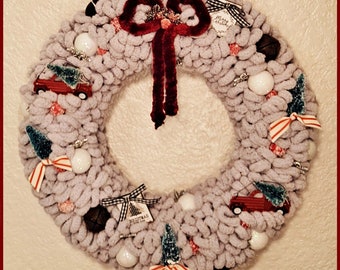 Farmhouse Theme Gray Loop Yarn Christmas Wreath - Red Trucks, Green Brush Trees & Ornaments