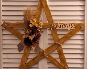 Wooden Country Rustic Paint Stick Star, Golden Yellow, Floral Accents, Grateful Motif, Wall or Door Hanging