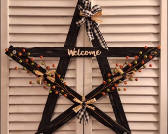 Wooden Country Rustic Paint Stick Star, Black Distressed Finish, Wooden Bead Pick Accents, Welcome Motif, Wall or Door Hanging