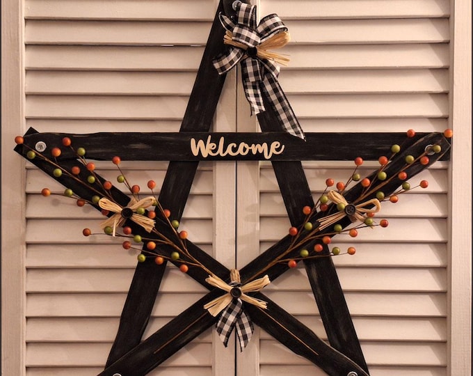 Featured listing image: Wooden Country Rustic Paint Stick Star, Black Distressed Finish, Wooden Bead Pick Accents, Welcome Motif, Wall or Door Hanging