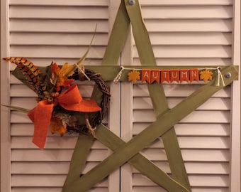 Wooden Country Rustic Paint Stick Star, Sage Green, Floral Accents, Autumn Motif, Wall or Door Hanging