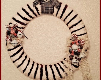 Peppermint Twist Red & White Yarn Christmas Wreath - Lace, Jingle Bells, Pine Cones, and Candy Ornament Accents