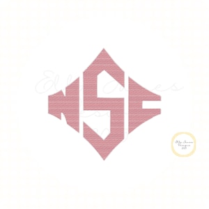 Puede incluir: Un monograma rojo con las letras S, C y F entrelazadas en un diseño geométrico en forma de diamante con un patrón de puntadas texturizado. Un pequeño logotipo circular en la esquina inferior derecha contiene el texto Ella James Designs 2023.