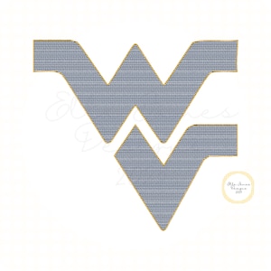 May include: An embroidered patch featuring a stylized letter W in a navy blue and white grid pattern with a gold border. A small circular logo in the bottom right corner contains the text Ella James Designs 2023 in a script and print font.