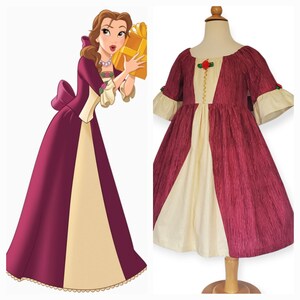 May include: A burgundy and cream-coloured dress with short sleeves and a cream-coloured centre panel. The dress has a round neckline and is displayed on a mannequin. A cartoon image of a woman in a similar dress is on the left.