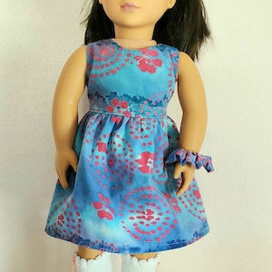 18 INCH DOLL Dress and Matching Scrunchies Boho Blue Batik fits American Girl