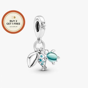 Fisk, havssköldpadda och snäcka, trippelhängande berlock i 925 sterlingsilver, handgjord silverpärla, passar europeiska armband och halsband, bästa presenten