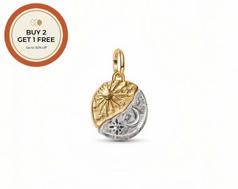 Sun and Moon Medallion Charm,925 Sterling Silver Charm,Handmade Silver Bead,Fits European Bracelets and Necklaces, Best Gift