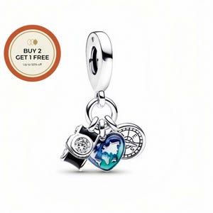 Camera Heart Compass Triple Dangle Charm,925 Sterling Silver Charm,Handmade Silver Bead,Fits European Bracelets and Necklaces