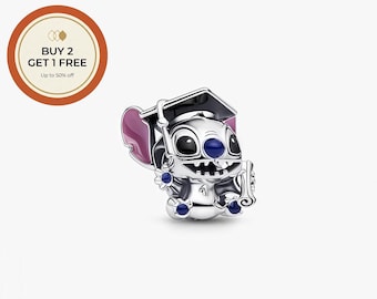 Disney Stitch Graduation Charm ,925 Sterling Silver Charm,Handmade Silver Bead,Fits European Bracelets and Necklaces, Best Gift