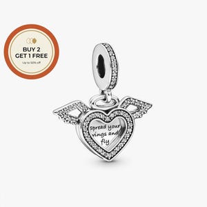 Ciondolo a forma di cuore con ali d'angelo, ciondolo in argento sterling, perlina in argento fatta a mano, adatto a braccialetti e collane europei, regalo ideale, ciondolo per festival.