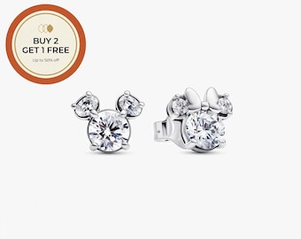 Disney Mickey Mouse Stud Earrings,925 Sterling Silver Charm,Handmade Silver Bead,Fits European Bracelets and Necklaces, Best Gift