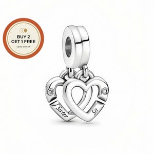 Linked Sister Hearts Split Dangle Charm,Sterling Silver Charm,Handmade Silver Bead,Fits European Bracelets and Necklaces, Best Gift