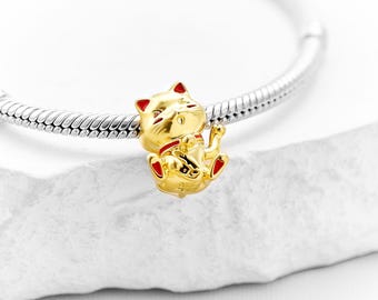 Cute Fortune Cat Charm , Silver 925 Charm for Bracelet, Fit for