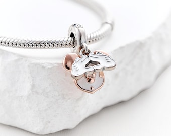 Disney Mickey Mouse Double Dangle Charm,925 Sterling Silver Charm,Handmade Silver Bead,Fits European Bracelets and Necklaces, Best Gift