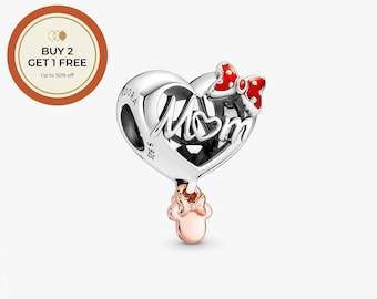 Disney Minnie Mouse Mom Heart Charm,925 Sterling Silver Charm,Handmade Silver Bead,Fits European Bracelets and Necklaces, Best Gift