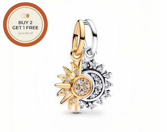 Splittable Sun & Moon Dangle Charm,925 Sterling Silver Charm,Handmade Silver Bead,Fits European Bracelets and Necklaces, Best Gift