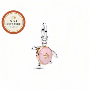 May include: A silver and gold-tone turtle charm with a pink centre and a star-shaped gem. The charm has a loop for a necklace or bracelet. The charm is a jewellery item.