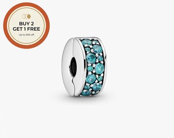 Ciondolo con clip pavé verde acqua, ciondolo in argento sterling, perlina in argento fatta a mano, adatto a braccialetti e collane europei, regalo ideale, ciondolo per festival