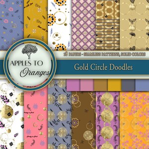 Golden Circle Doodles - Juego de papeles digitales - 18 papeles: patrones repetidos y colores sólidos.