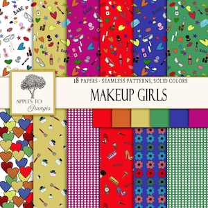 May include: A set of 18 digital papers featuring makeup-themed patterns and solid colors. The patterns include hearts, stars, lipsticks, and makeup brushes. The solid colors are red, pink, purple, green, blue, and yellow. The papers are perfect for scrapbooking, card making, and other craft projects.