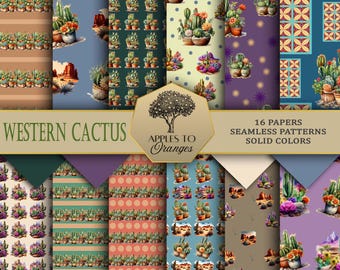 May include: A set of 16 digital papers featuring watercolour cactus illustrations in various colours and patterns. The papers are seamless and include solid colours. The text "WESTERN CACTUS" and "APPLES TO ORANGES" is included in the image.