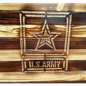 Wood burned American flags with military emblem