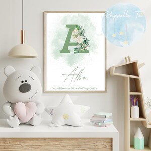 Póster con nombre personalizado – Letra floral en acuarela – Fecha de nacimiento opcional – Regalo de nacimiento y decoración de pared