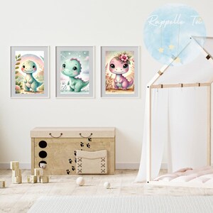 Póster de dinosaurio lindo - Póster para habitación infantil - Decoración para bebés - Ilustración en acuarela - Impresión digital en PDF y A4