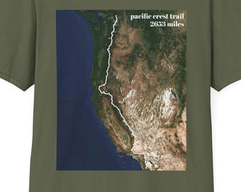 Pacific Crest Trail Kaart T-shirt Satellietkaart Wandelen Backpacken PCT Unisex Softstyle Casual Comfort T-shirt Heren Dames Gildan