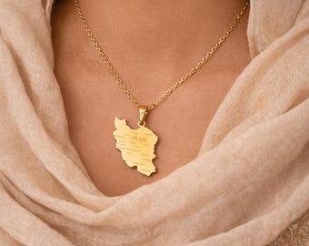 18k Gold plated Iran Map Necklace, Engraved Cities Pendant, Persian Heritage Jewelry Tarnish Free