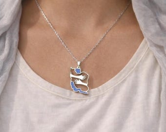 Iran Map Necklace, Hugging Hands Pendant, Persian Pride Jewelry, Gold Silver