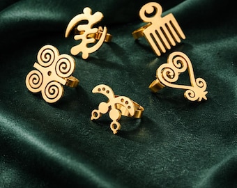 18k Gold plated Authentic Adinkra Gold Rings Gye Nyame, Akoma, Duafe & Dwennimmen adjustable ring