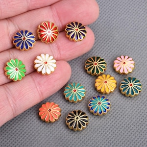 10pcs Enamel Metal 12mm Flat Round Flower Shape Loose Craft Beads For Jewelry Making DIY Findings