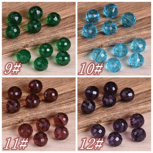 May include: Assortment of faceted glass beads in four different sizes and colors: 9# green, 10# blue, 11# burgundy, and 12# purple.