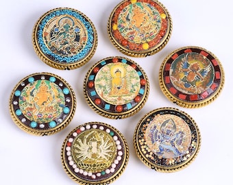 1 Piece Nepalese Buddhist Handmade Flat Round Double-side 30mm Tibetan Brass Metal & Clay Loose Craft Beads for Jewelry Making DIY
