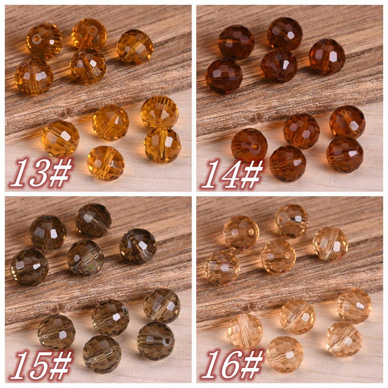 May include: Four sets of faceted glass beads in various shades of brown. Each set is labeled with a number, 13 through 16. The beads are arranged in a random pattern on a wooden surface.