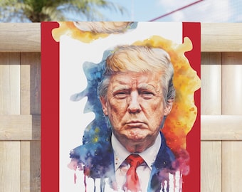 Trump MAGA Beach Towel, Large Bath Towel with Original Watercolor Art of Trump's Face, Patriotic Gift, Political Decor, Conservative