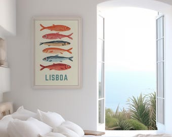 Lisboa Sardinen Wand-Kunst-Druck – Vintage Portugal Küsten Poster | Digitaler Download Küche oder Strand Haus Dekor | Fett Retro druckbar
